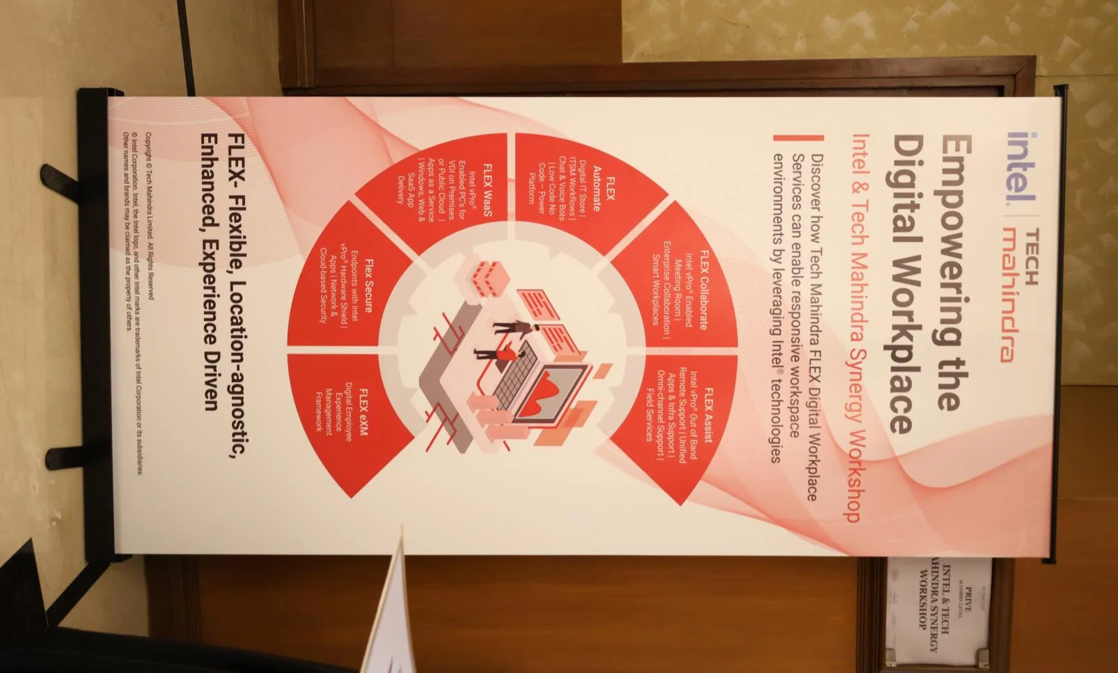 Photograph of the printed pink FLEX-wheel roll-up standee installed in a wood-panelled hotel corridor at the venue, with the workshop directional sign on the wall behind
